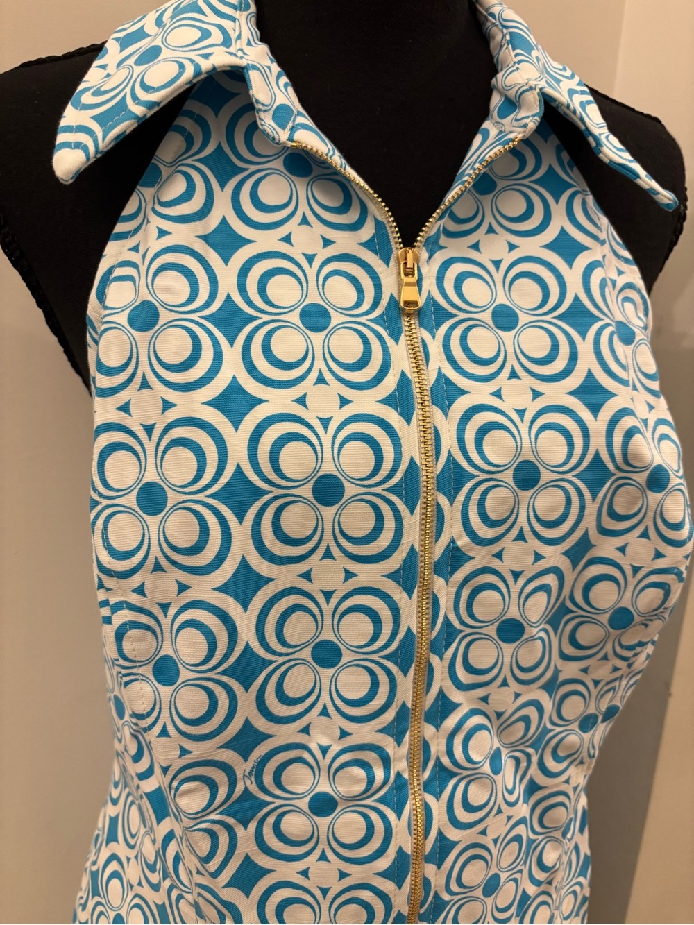 Trina Turk Teal and White Sleeveless Zip Dress with Geometric Print - Picture 7 of 7